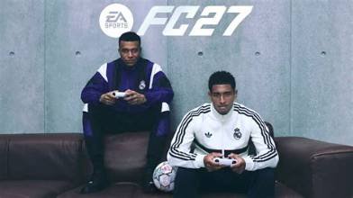 Kylian Mbappé et Jude Bellingham apparaissent dans une image promotionnelle d’EA Sports FC 27, manette en main.