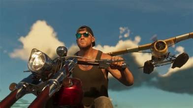 Personnage de GTA 6 sur une moto, armé, dans une scène issue du jeu vidéo de Rockstar Games.