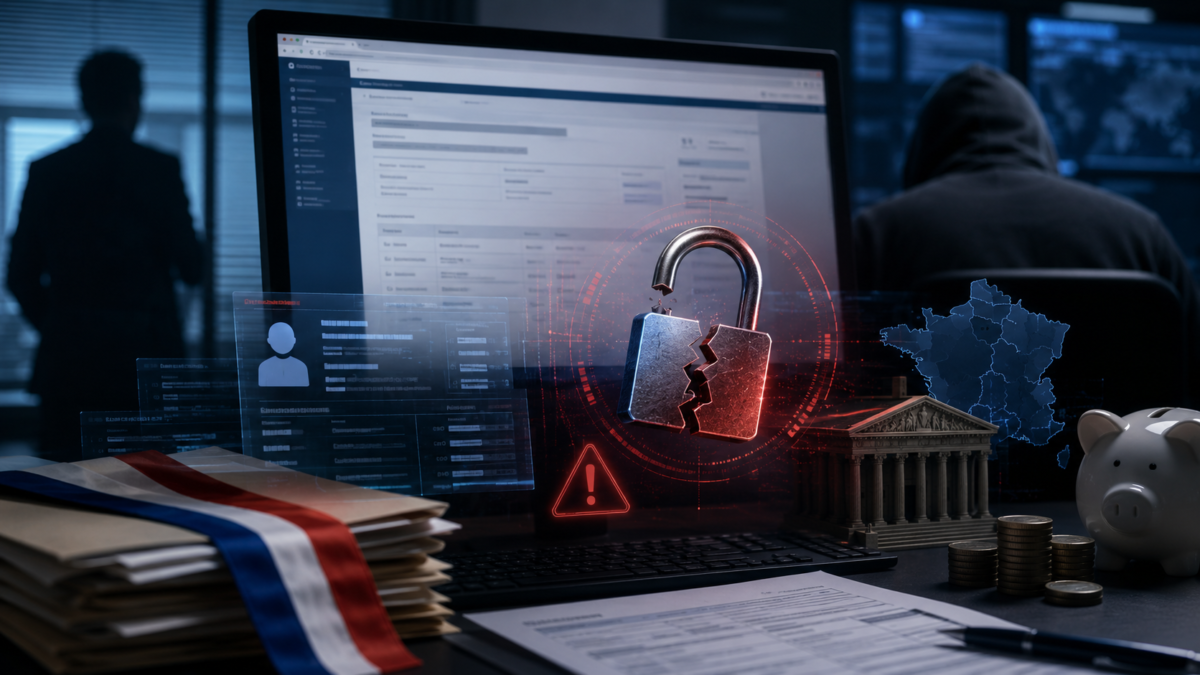 Site des impôts français affiché sur un ordinateur avec une illustration évoquant une cyberattaque et un vol de données.