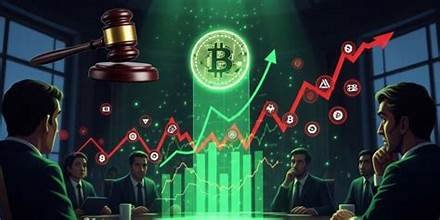 Illustration du Bitcoin au centre de graphiques de cryptomonnaies en hausse, avec une flèche verte ascendante et un marteau de justice évoquant la réglementation.