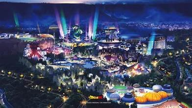 Projet de parc d’attractions inspiré de Dragon Ball avec Son Goku et un décor rappelant Shenron.