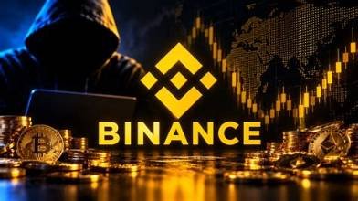 Binance : illustration d’une cyberattaque visant la plateforme d’échange de cryptomonnaies, sur fond de graphiques financiers et de bitcoins.